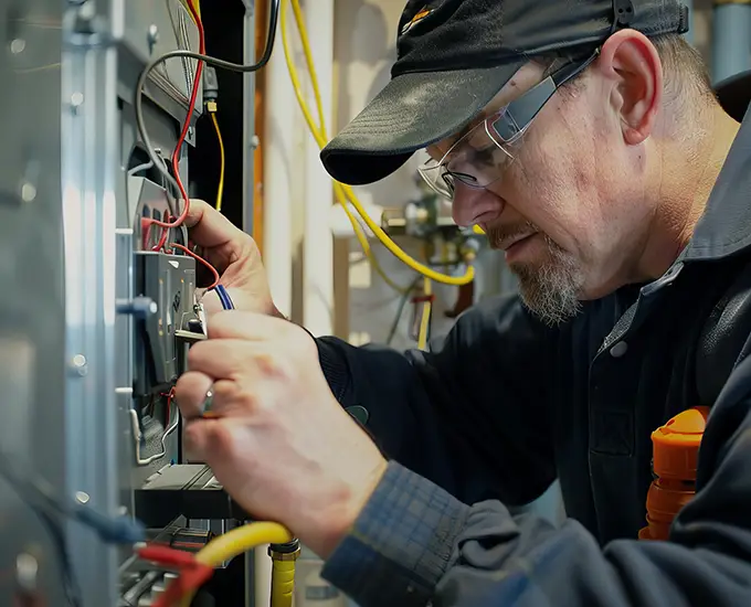 technician repairing furnace unit in alton il